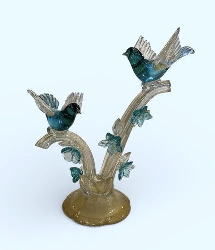 ~ RARE ~ Barbini Murano Glass Sculpture Birds Branch Flowers Teal  Gold Flecks
