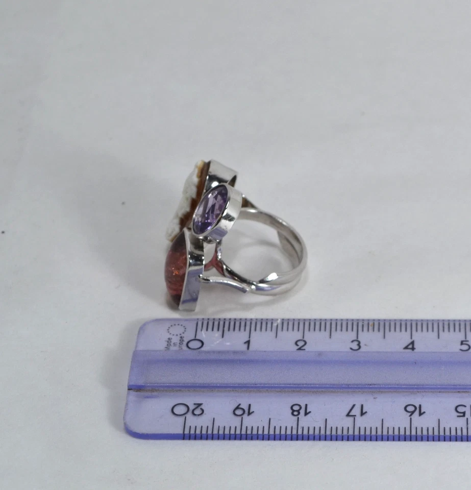 ANELLO ARGENTO 925 CAMMEO SARDONICO TORMALINA AMETISTA REGOLABILE AGNK 0111 - Immagine 3 di 3