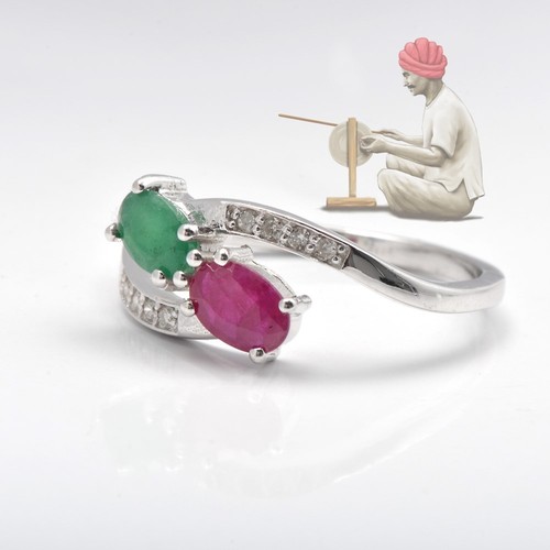 925 Sterling Silver Natural Ruby and Emerald Bypass Ring Jewelry - Foto 2 di 7