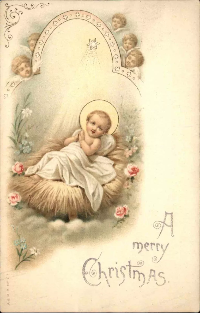 Christmas Baby Angels Watch Over Baby Jesus in Manger c1910