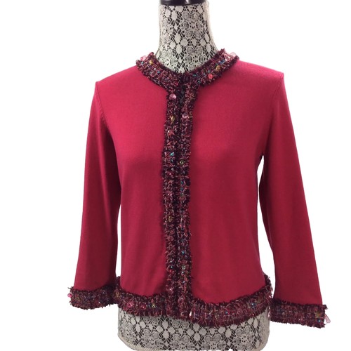 Susan Bristol Cardigan Sweater Small Petite SP Pink Beaded Fringe 2005 Hong Kong - Picture 1 of 10