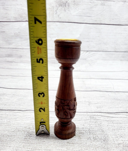 Vintage Sheesham Wood Hand Carved Floral Candlestick Made in India - Picture 6 of 6