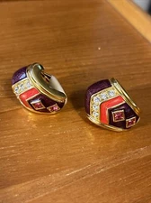 VINTAGE CINDY ADAMS CLIP EARRINGS  Purple Orange with Pink Stones + Rhinestones