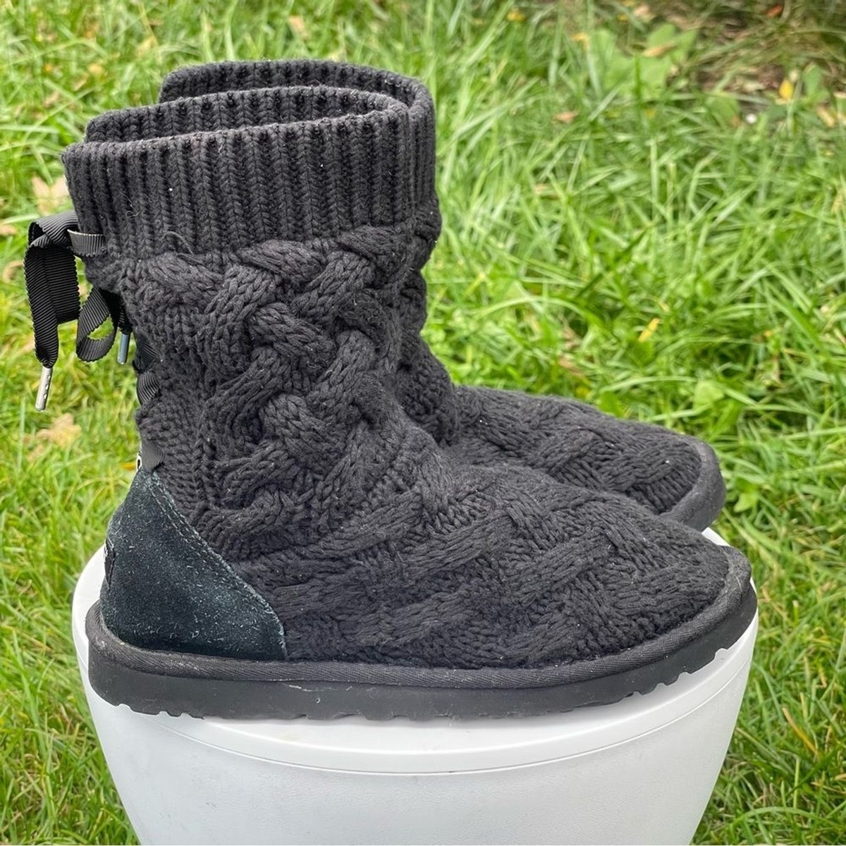 UGG Australia Isla Boots Womens Black Cable Knit Sweater Bow