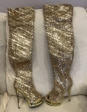 Pleaser Gold Sequin Stiletto Over the Knee Boots Size 6 New