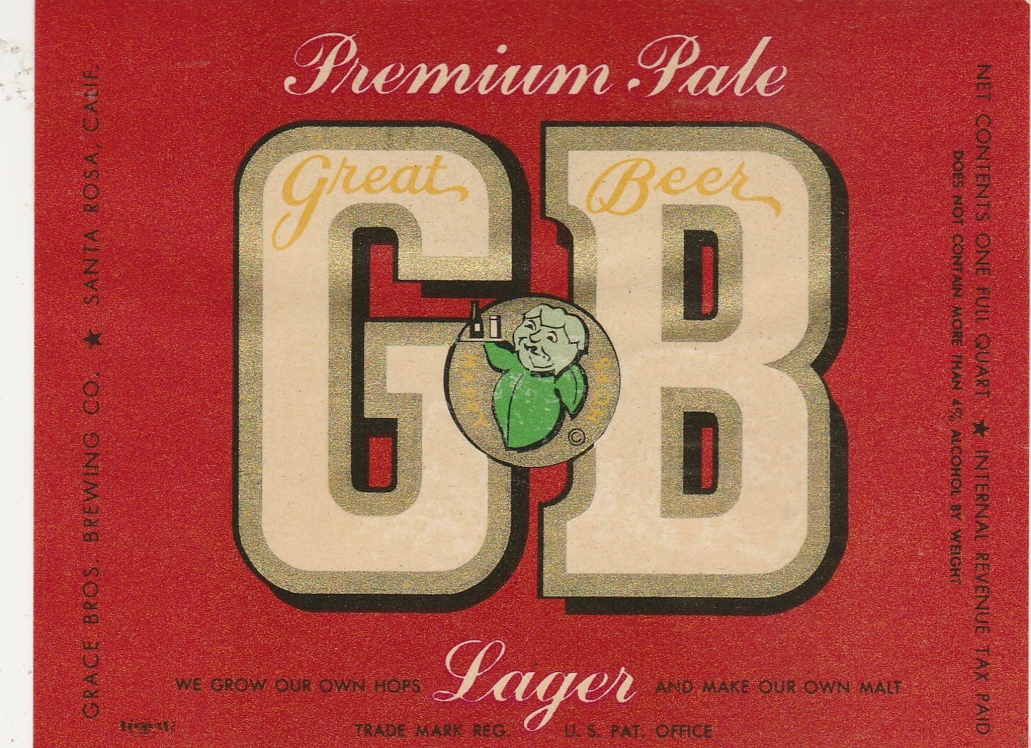 Rare Label-Happy Hops G.B Pale Lager Beer-Grace Bros Brewing Co-Santa Rosa-Ca