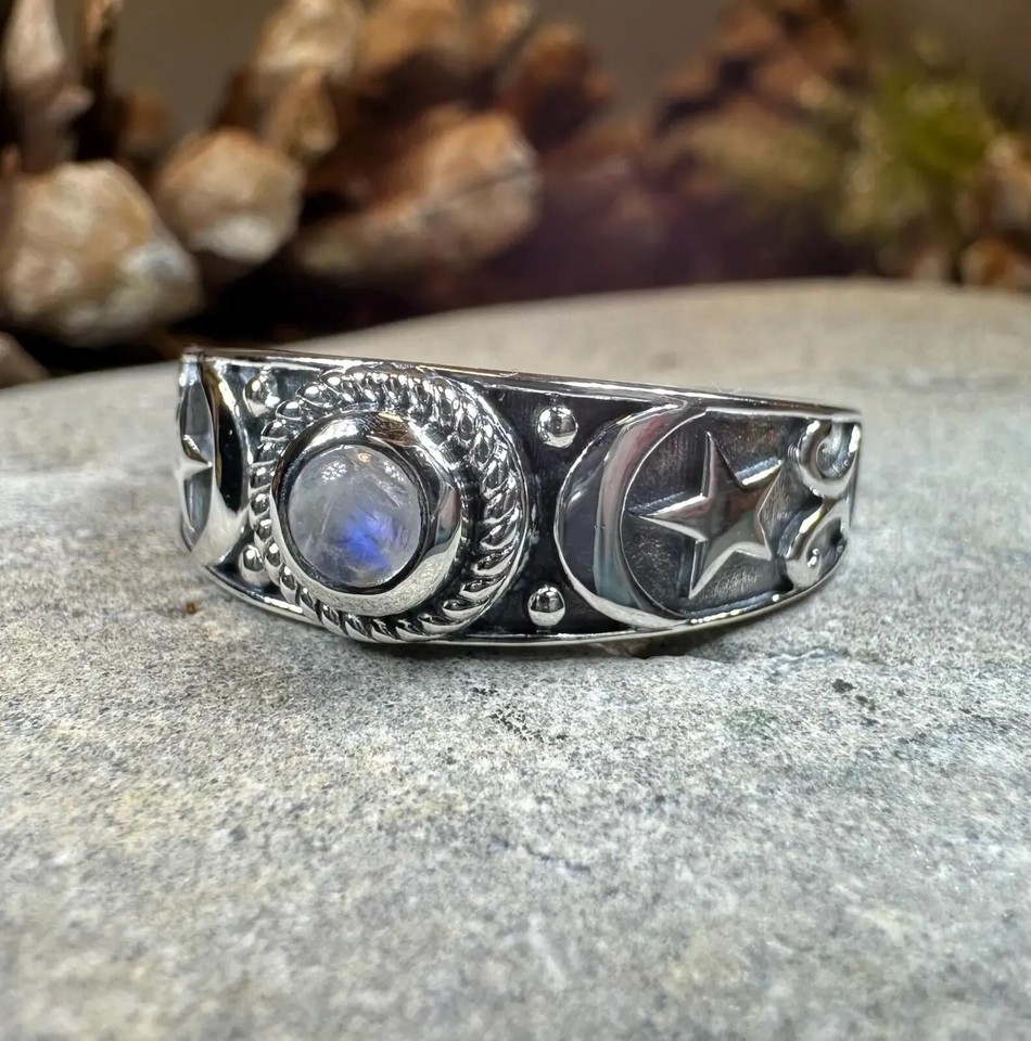 Moon Ring Triple Moon Goddess Moonstone Wiccan Pagan Stars Ring Ladies ...