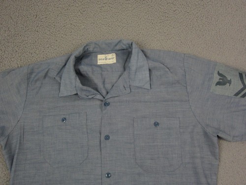Vintage US Navy Chambray Shirt Extra Large XL Mens Blue Seabee 70s Sea Farer - Picture 2 of 11