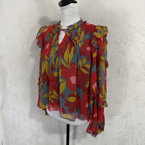 NEW Karlie Boho Floral Ruffle Blouse Top Size S Tie Neck Feminine Chiffon Fall - Picture 3 of 13