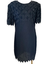 Lawrence Kazar All Over Beaded Dress Sheath Size Large Black Silk Party Formal