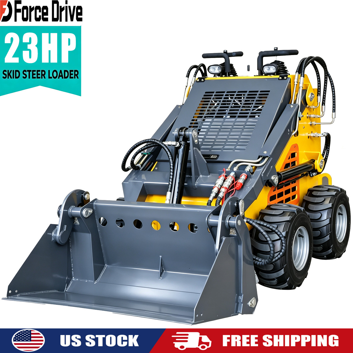 24HP Stand‑on Wheel Mini Skid Steer Loader Triple‑Stage Pump with 4‑in‑1 Bucket