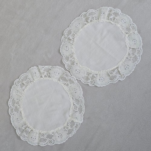 Vintage Ivory Round Linen Lace Doily Set 2pc Floral Edge Cottage Decor 1960s