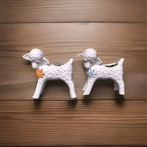 Vintage Pair Of McCoy Art Pottery Lamb Succulent Planters *Good Condition*