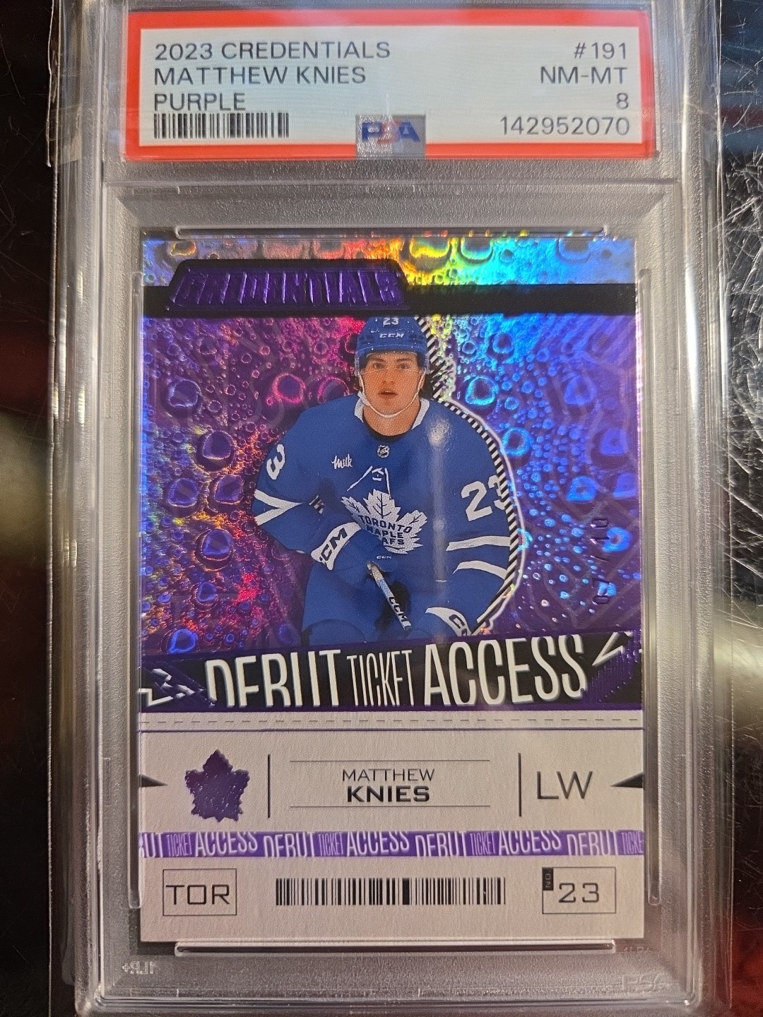 2023-24 Matthew Knies Upper Deck Credentials Purple #191 Rookie RC /10 PSA 8