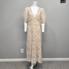 NSR Lace Maxi Dress Large Beige Puffed Sleeve Empire Waist Romantic Cottage Boho