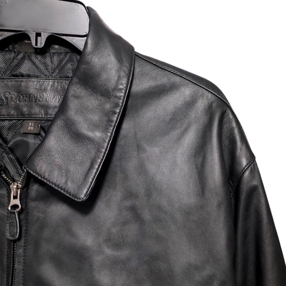 St Johns Bay Black Leather Zip Front Bomber Jacket Mens Size Extra