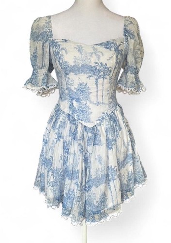 Positano Couture Toile Print Corset Mini Dress Coquette Cottagecore Linen Sz S