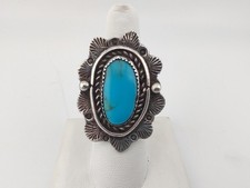 Large Vintage Navajo Handmade Stamped Sterling Silver Turquoise Ring Size 7