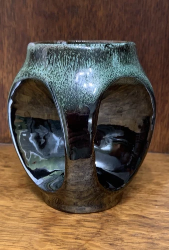 Holkham Pottery Owl Eye Cup Mug MCM Retro Luster ware Drip Glaze Clay VTG RARE