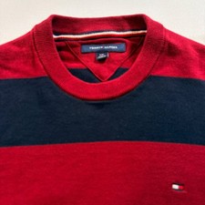 Tommy Hilfiger Striped Crewneck Sweater Mens Large Red Navy Blue Cotton Knit