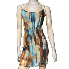 Vintage Size M Tan Blue Brown Stretch Mesh Spaghetti Strap Mini Bodycon Dress