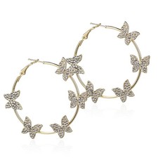 Gold Butterfly Hoop Earrings for Women Glitter Crystal Bridal Wedding Climber Ea