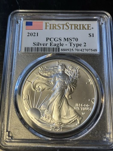 2021 $1 Silver American Eagle Type 2 PCGS MS70 First Strike - Blue Flag Label