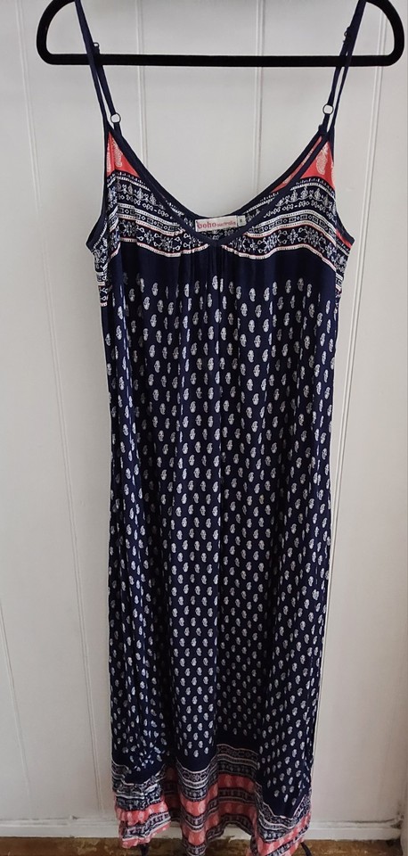 Boho Australia Size M navy blue printed sundress featuring adjustable spaghetti