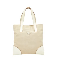 Prada Triangle Logo Plate Tote Bag Handbag Beige Ivory Canvas Leather Ladies PRA