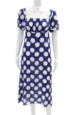 HVN Women's Short Sleeves Lace Collared Empire Waist Polka Dot Midi Dress Size 4