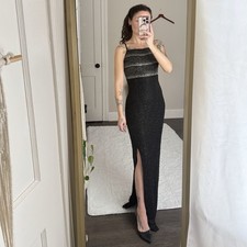 Rare XS Vintage 90s Beaded Silk Black Evening Gown with side slit and Sequins