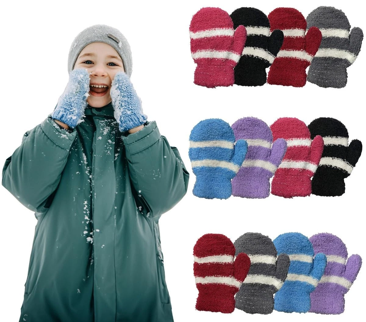 12 PK of Kids Fuzzy Mittens, Warm Soft Mitten Toddlers Children, Bulk (Assorted)