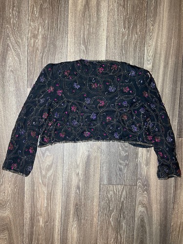 Camicetta cardigan spolverino nero ingioiellato ricamato Scala vintage anni 80 media - Foto 7 di 9