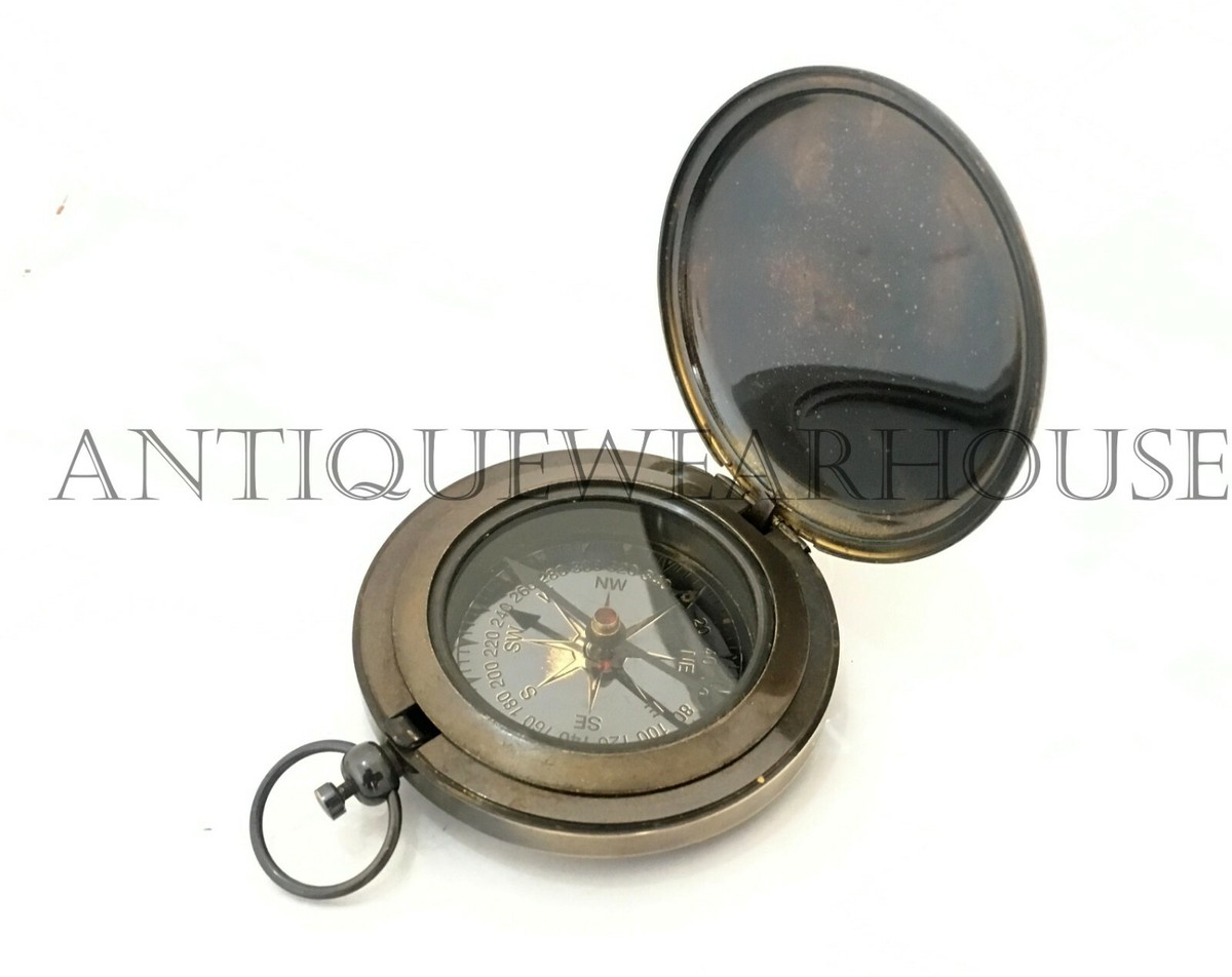 ROSS LONDON Antique Brass Working Compass With Leather Stamped