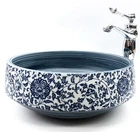 Vintage Floral Pattern Blue White Bathroom Ceramic Counter Top Basin Sink Round