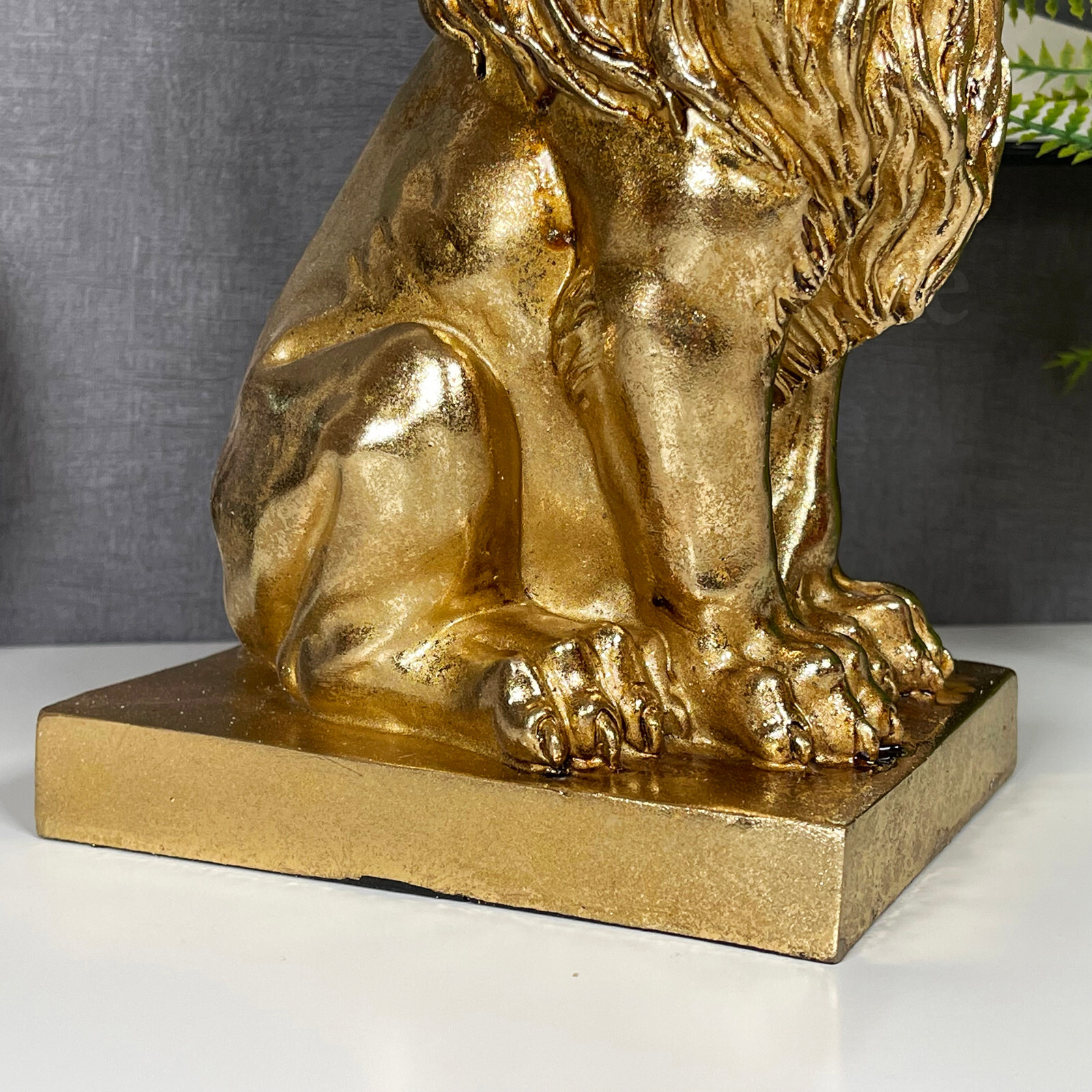 Gold Royal Lion Statue Crowned Sitting Big Cat Ornament Home Sculpture