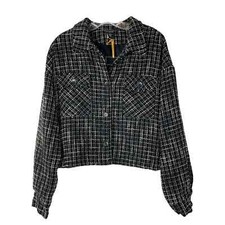 New Christian Siriano Black Cream Plaid Tweed Cropped Button Jacket Xl