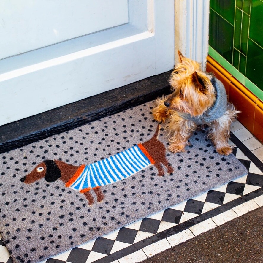Sausage Dog Doormat Grey Spotted Door Mat Novelty Natural Coir Bombay