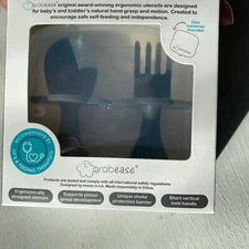 NWT Gray Grabease Ergonomic Baby Infant Toddler Spoon Fork Utensils, Grey w/Case