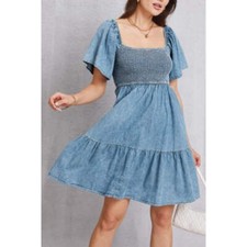 Smocked Square Neck Mini Denim Dress