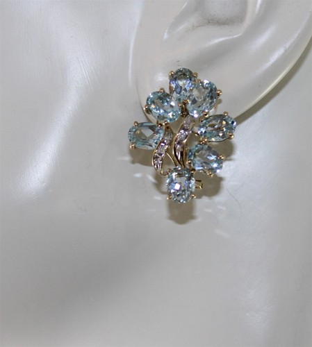 Vintage 14K Yellow Gold Aquamarine and Single Cut Diamonds Omega Back Earrings - 第 3/6 張圖片