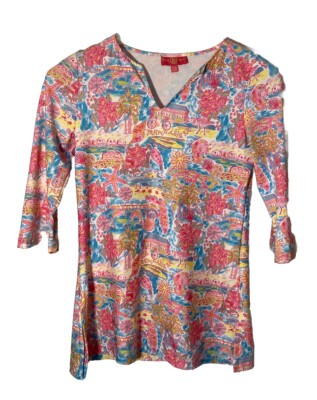 KAELI SMITH Womens XS Marco Island Colorful Pink Summer Tunic Top-USA Made-NEW