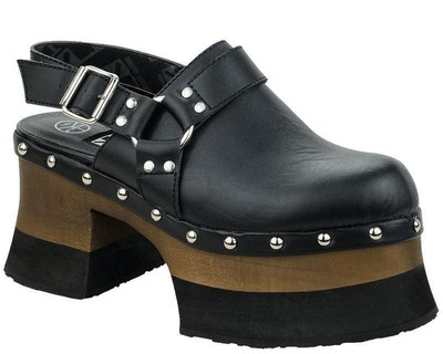 T.U.K. Pump A8686L Schwarz Leder Harness Strap Clog Wood Eva Woody