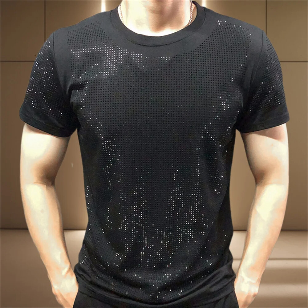 New Men Luxury Diamond Rhinestones Fashion Black White T-Shirt