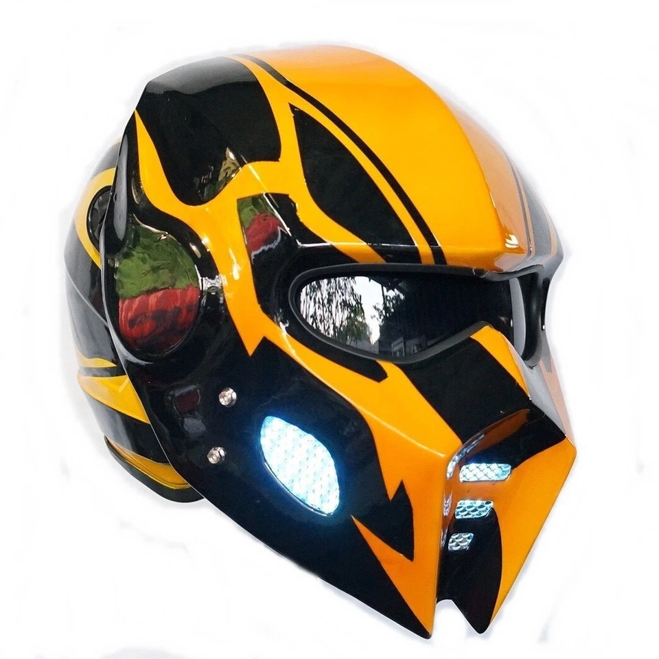 CASCO DE MOTOCICLETA WOLF BUMBLE-BEE BRILLANTE B&Y PERSONALIZADO 3 LÁMPARAS ROBOT CARA ABIERTA NUEVO Foto 3 de 4