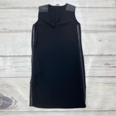 VINCE Dress Women's 2 Black Sheath V-Neck Sleeveless Leather Trim | eBay