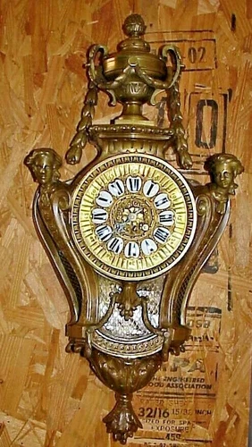 ANTIQUE FRENCH MARTI 8 DAY TIME & STRIKE 26" X 12" SOLID BRASS CARTEL WALL CLOCK