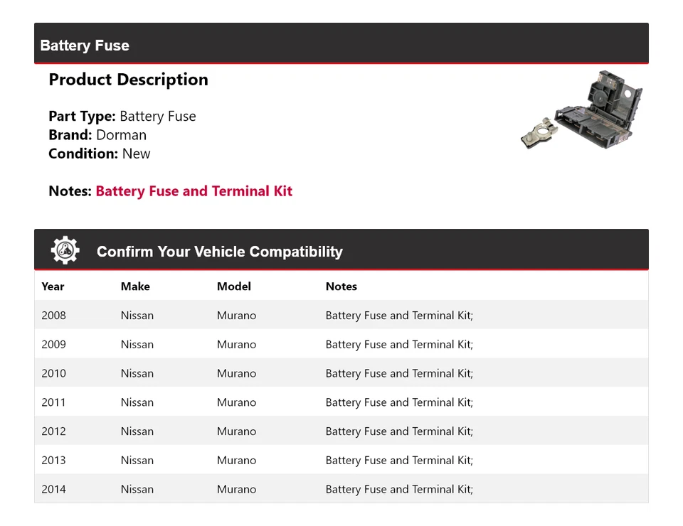 Fusible de batería para Nissan Murano Dorman 2008-2014 2009 2010 2011 2012 2013 Foto 2 de 4