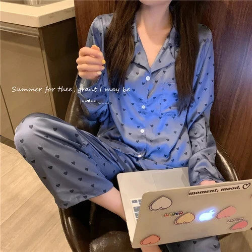 Pijama Seda Hielo Mujer Pijama Primavera Manga Larga Hogar Set - Imagen 45 de 49