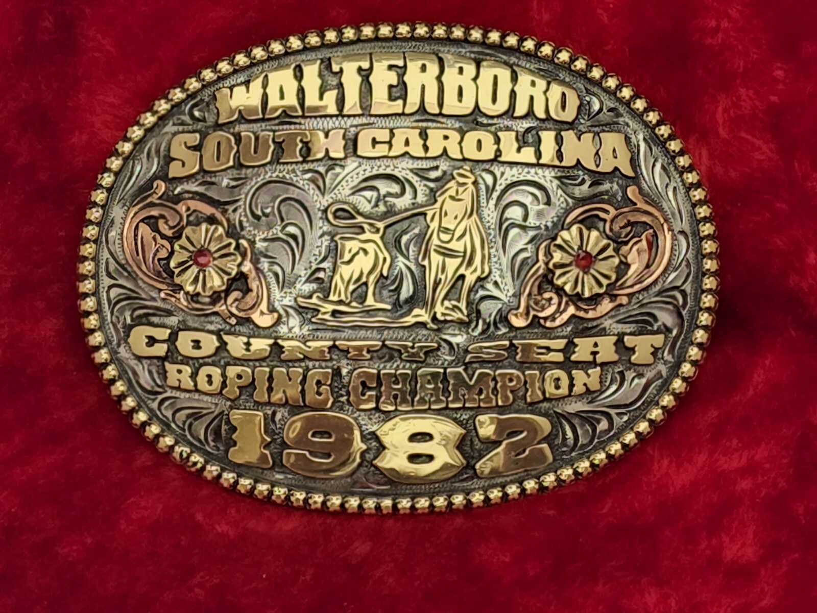 CALF ROPING PRO RODEO CHAMPION TROPHY BUCKLE☆WALTERBORO SC ☆VINTAGE